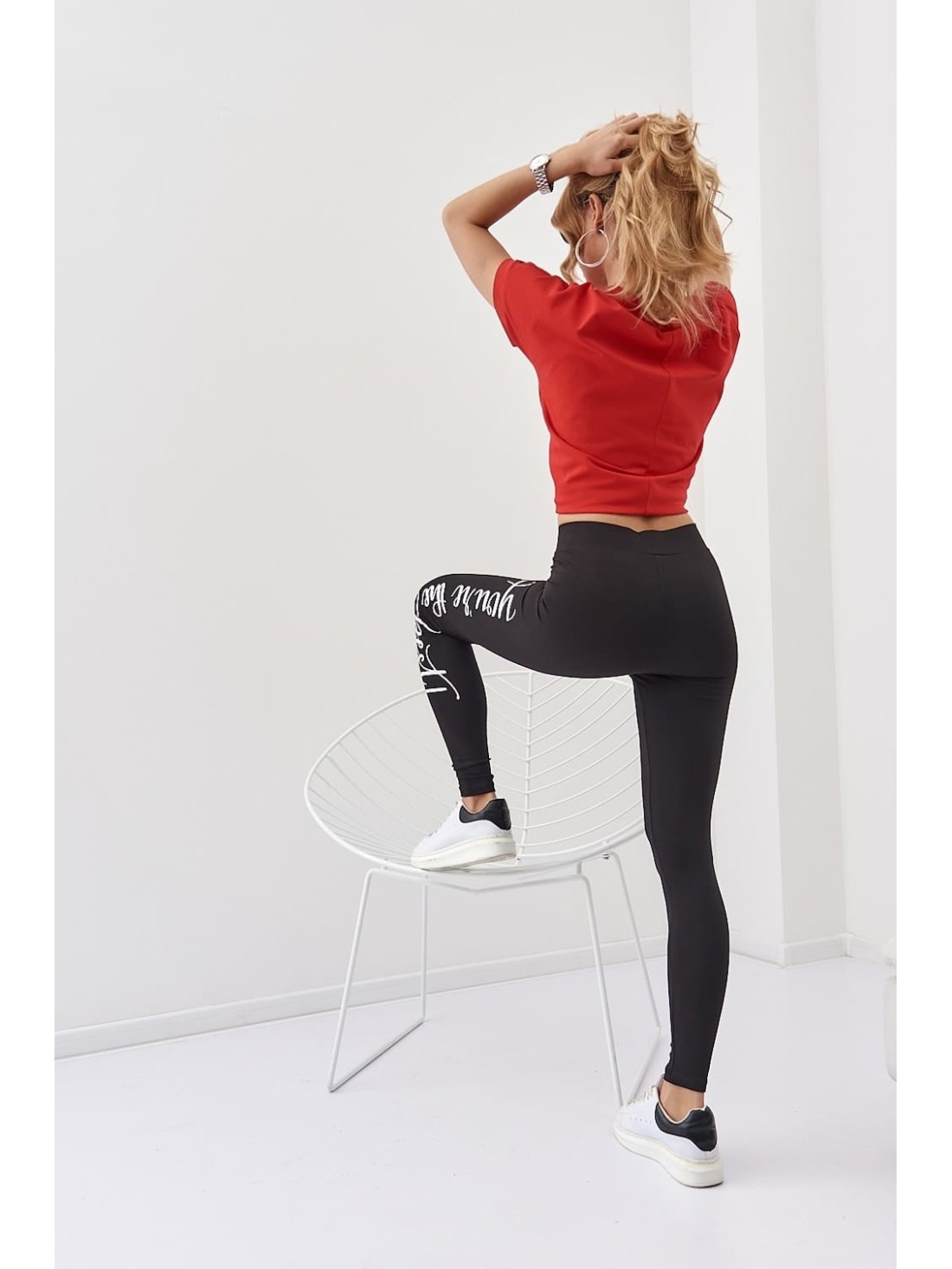 Cotton leggings with inscription, black 01340 - Online store - Boutique